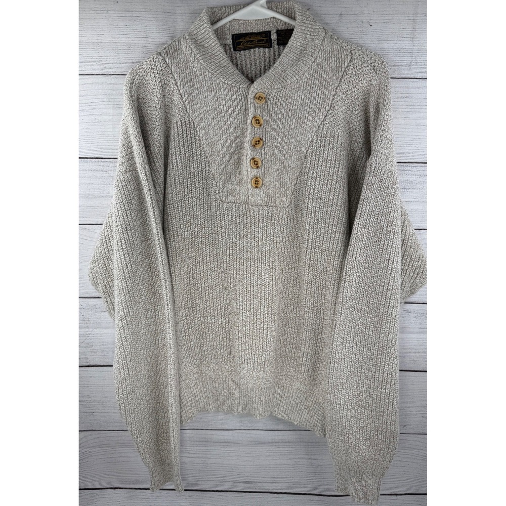 Eddie Bauer VTG Mens Large Henley Sweater Oatmeal Cotton Chunky Knit Mock Neck - Picture 1 of 3